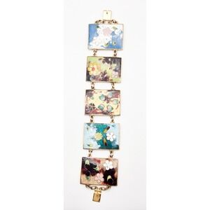 Robert Kuo Vintage Cloisonne Enamel Floral Link Bracelet Gold Tone Multi Color